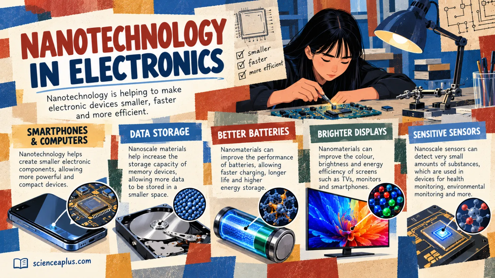 Infographic: nanotechnology in electronics, covering smartphones and computers, data storage, better batteries, brighter displays and sensitive sensors