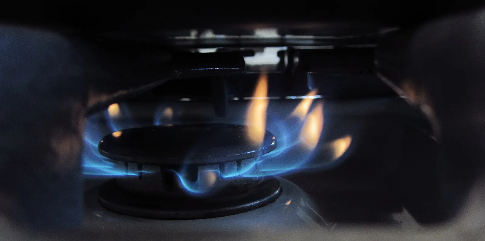 Blue flames burning on a gas hob burner