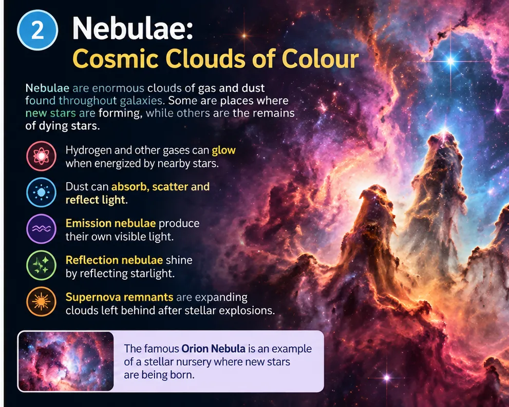 Nebulae, cosmic clouds of colour: emission nebulae glow, reflection nebulae reflect starlight and supernova remnants are expanding clouds; the Orion Nebula is a stellar nursery
