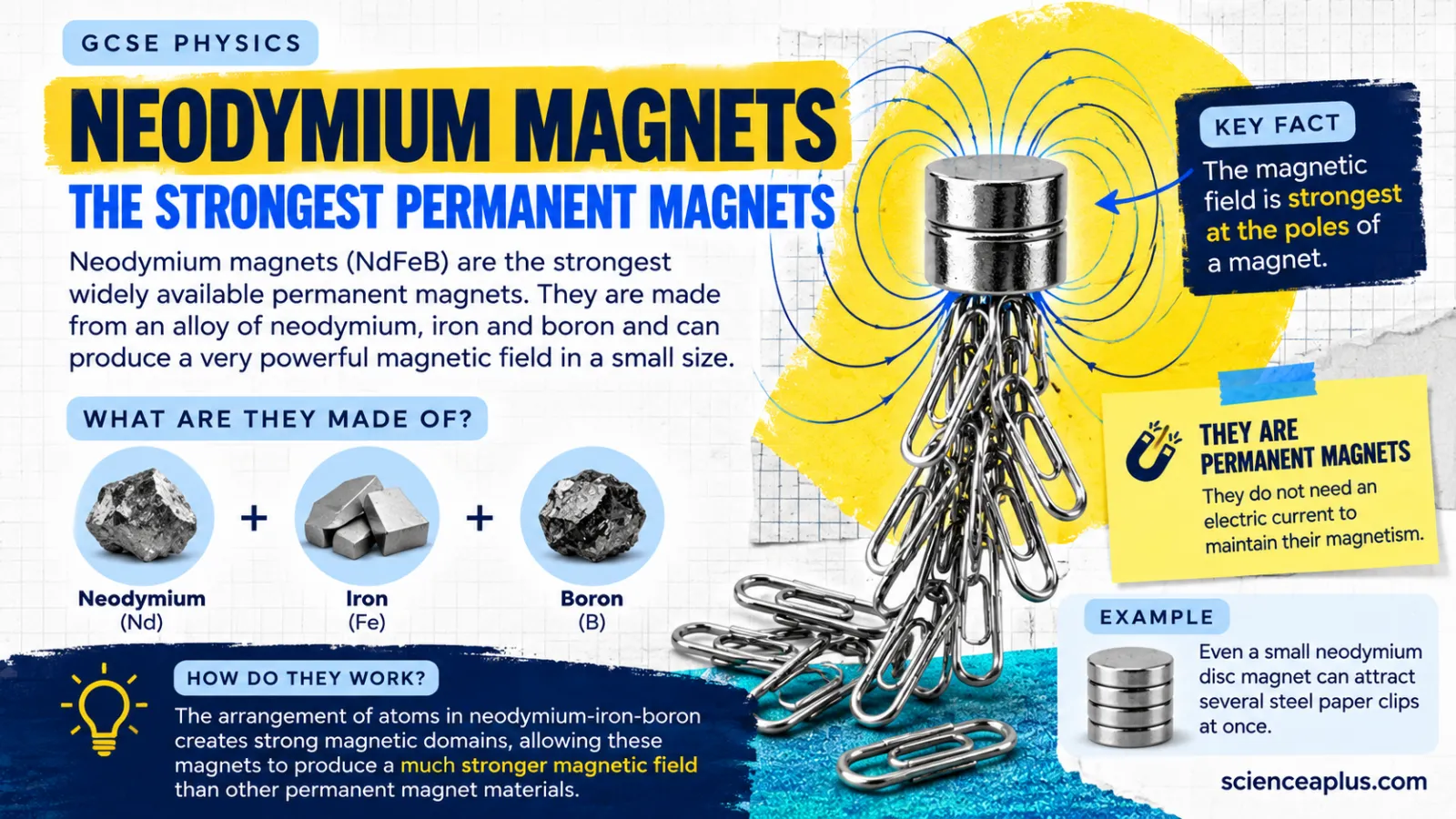 GCSE infographic on neodymium magnets: made of neodymium, iron and boron, strongest at the poles, permanent magnets that need no current, and a small disc lifting paper clips