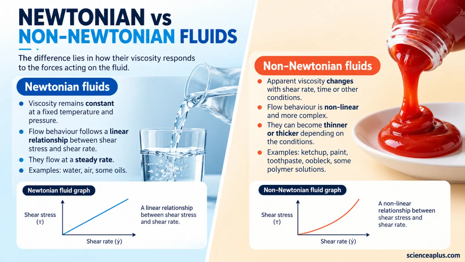 Infographic comparing Newtonian fluids such as water with non-Newtonian fluids such as ketchup, with a straight and a curved shear stress graph