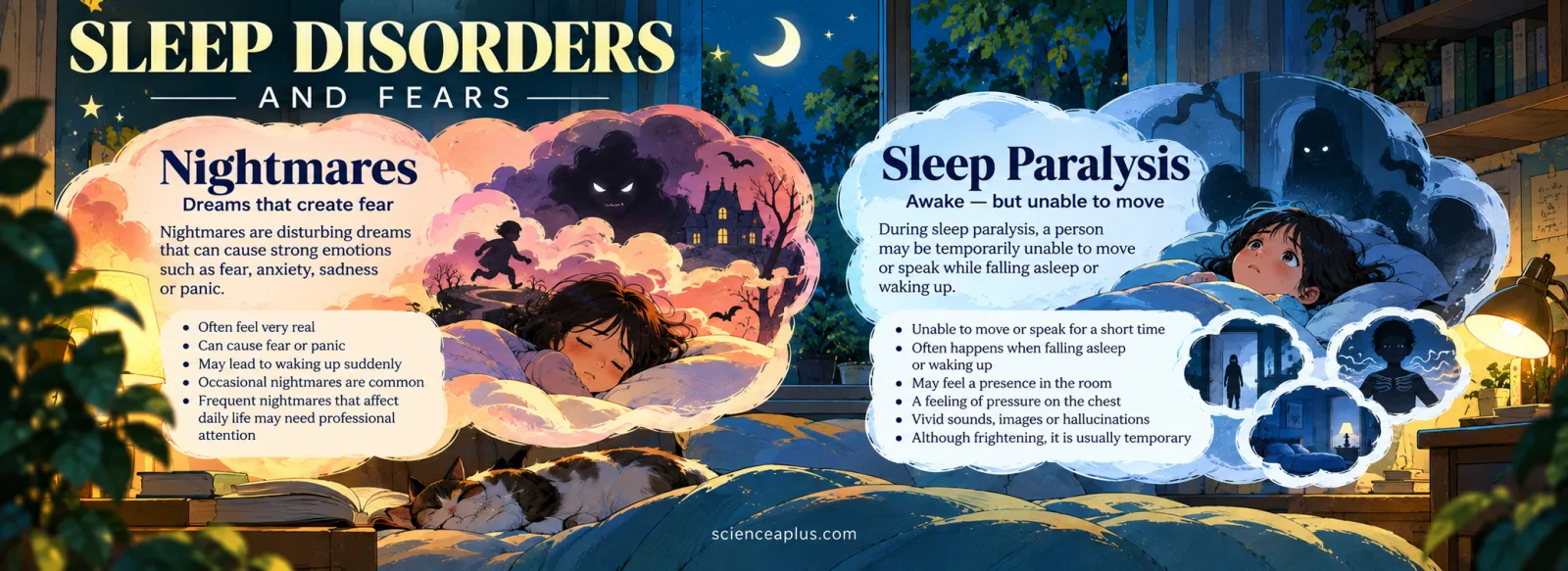 Nightmares are disturbing dreams that can cause fear or panic; sleep paralysis is being temporarily unable to move or speak while falling asleep or waking up, sometimes with a feeling of a presence or pressure on the chest; it is usually temporary