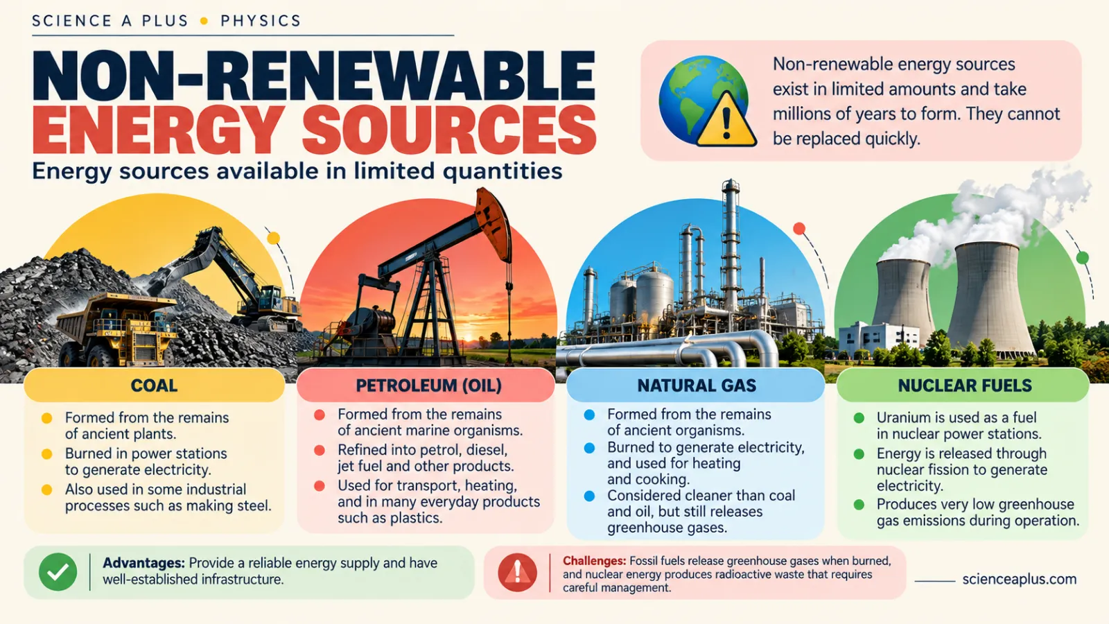 Infographic of non-renewable energy sources: coal, petroleum (oil), natural gas and nuclear fuels with their uses