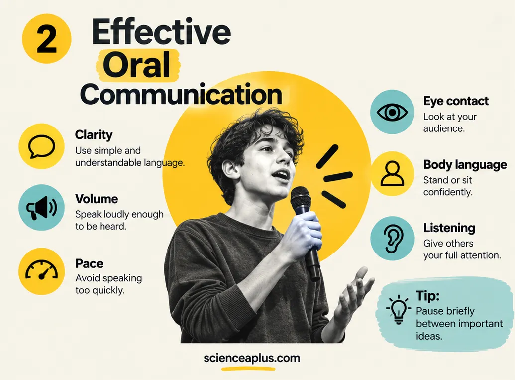 Infographic on effective oral communication: clarity, volume and pace, plus eye contact, body language and listening, with the tip to pause briefly between important ideas
