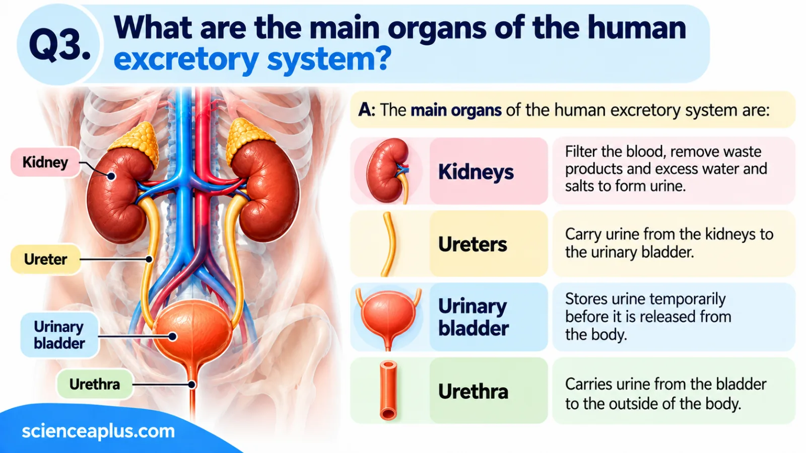 Main organs of the human urinary system: kidneys filter blood, ureters carry urine, the bladder stores urine and the urethra carries it out of the body