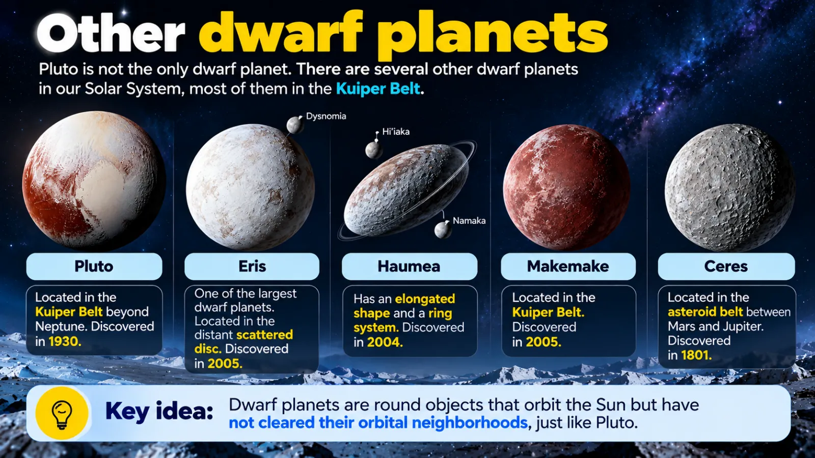 Other dwarf planets: Pluto (Kuiper Belt, discovered 1930), Eris (scattered disc, 2005), Haumea (elongated with a ring, 2004), Makemake (Kuiper Belt, 2005) and Ceres (asteroid belt, 1801)