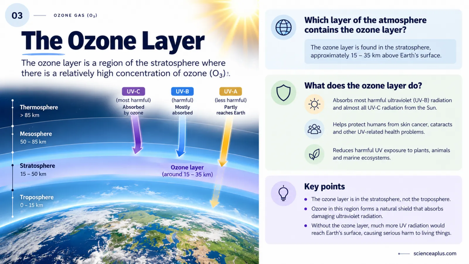 Diagram of Earth’s atmosphere layers showing the ozone layer in the stratosphere absorbing UV-C and most UV-B