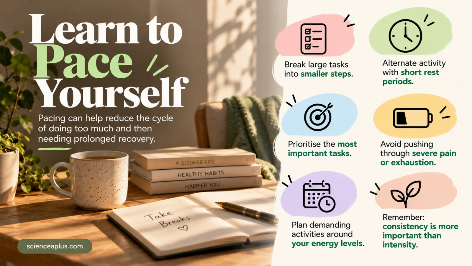 Infographic titled Learn to Pace Yourself: break large tasks into smaller steps, alternate activity with short rests, prioritise important tasks, avoid pushing through severe pain or exhaustion, plan demanding activities around your energy levels
