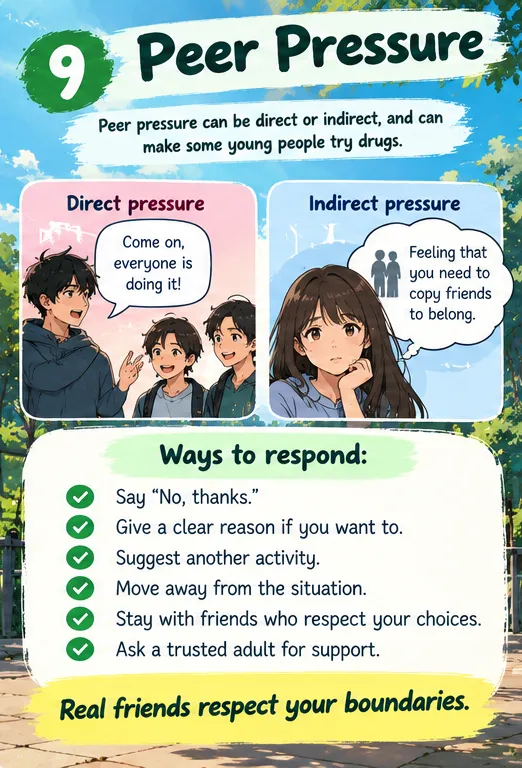 Peer pressure can be direct or indirect; ways to respond include saying no thanks, suggesting another activity and asking a trusted adult