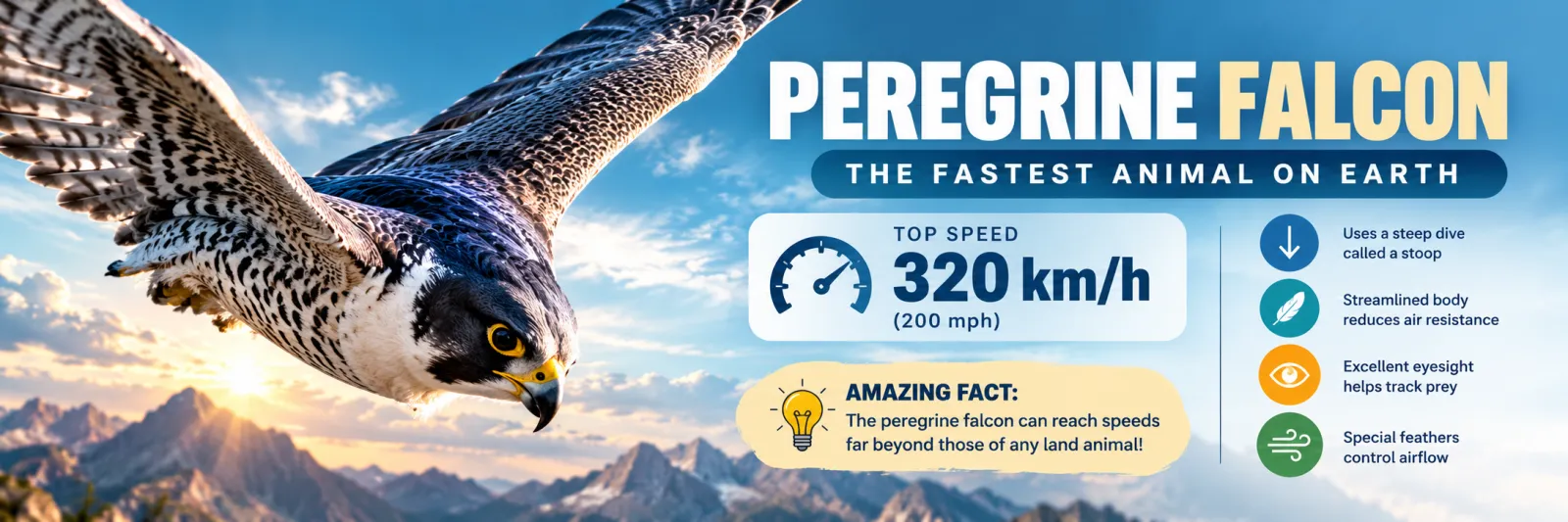 Peregrine falcon infographic: the fastest animal on Earth, top speed 320 km/h (200 mph); uses a steep dive called a stoop, streamlined body reduces air resistance, excellent eyesight helps track prey, special feathers control airflow