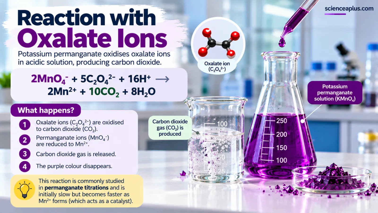 Reaction of potassium permanganate with oxalate (ethanedioate) ions: 2MnO4− + 5C2O4 2− + 16H+ → 2Mn2+ + 10CO2 + 8H2O; carbon dioxide is released and the purple colour disappears; Mn2+ catalyses the reaction