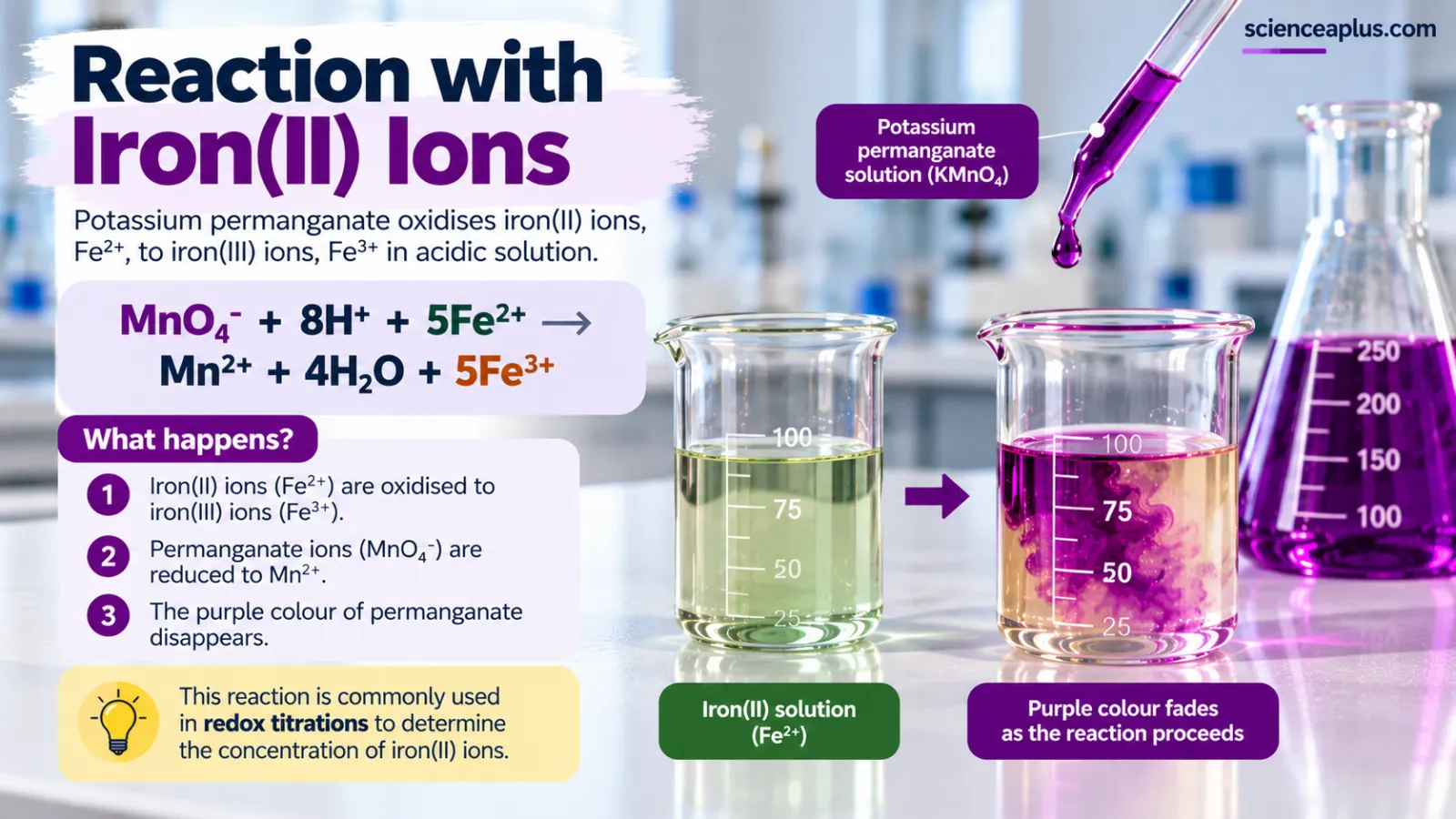 Reaction of potassium permanganate with iron(II) ions: MnO4− + 8H+ + 5Fe2+ → Mn2+ + 4H2O + 5Fe3+; the purple colour fades as Fe2+ is oxidised to Fe3+