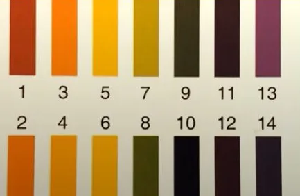 Close-up of a pH paper colour chart from pH 1 to 14