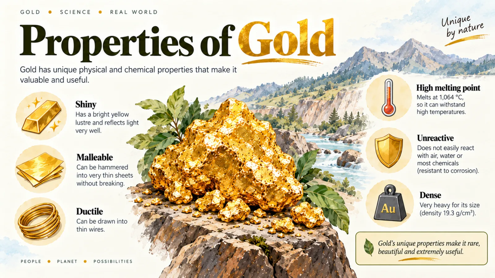 Properties of gold infographic: shiny, malleable, ductile, high melting point of 1,064 °C, unreactive and dense at 19.3 g/cm³