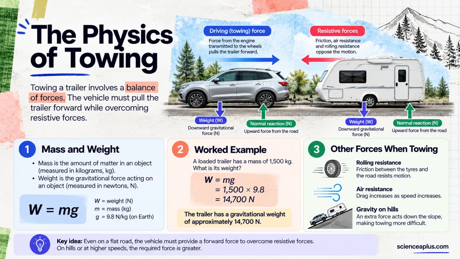 Infographic of the forces on a car towing a caravan: driving force forwards, resistive forces backwards, weight down and normal reaction up, with the worked example W = 1,500 × 9.8 = 14,700 N