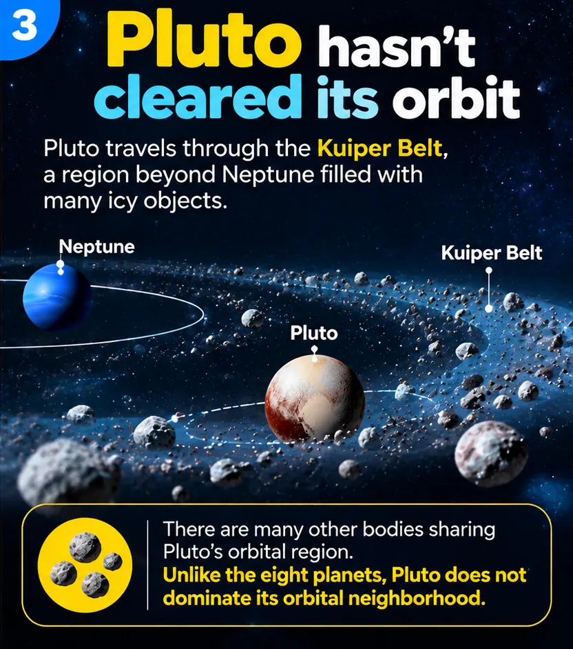 Pluto has not cleared its orbit: it travels through the Kuiper Belt beyond Neptune, a region filled with many icy objects that share its orbital zone