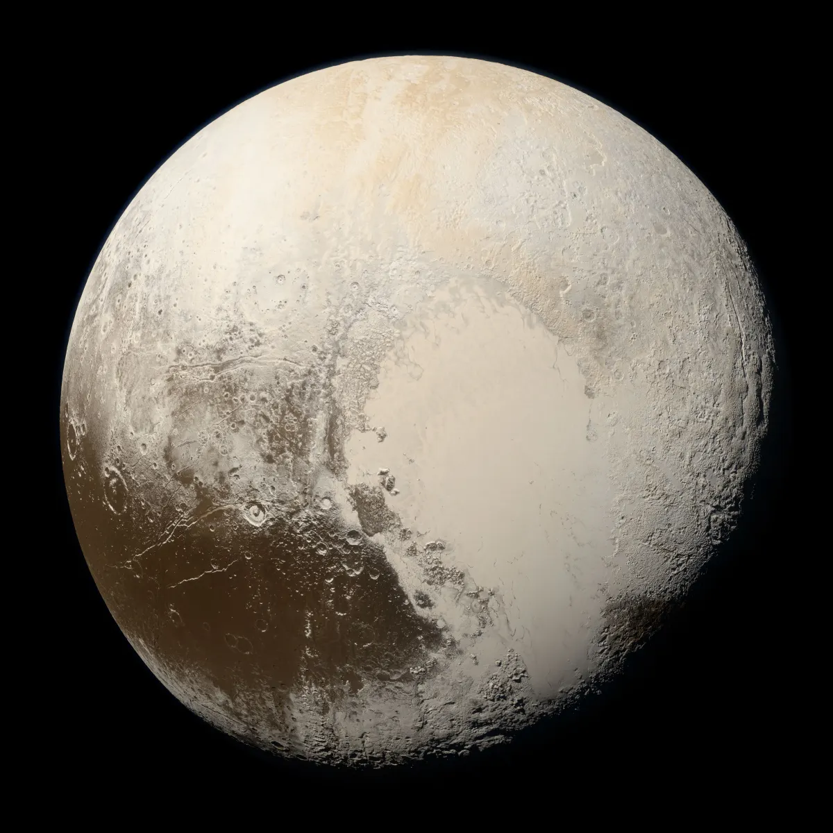 Pluto in true colour photographed by NASA’s New Horizons spacecraft in July 2015, showing the pale heart-shaped Tombaugh Regio and darker reddish regions