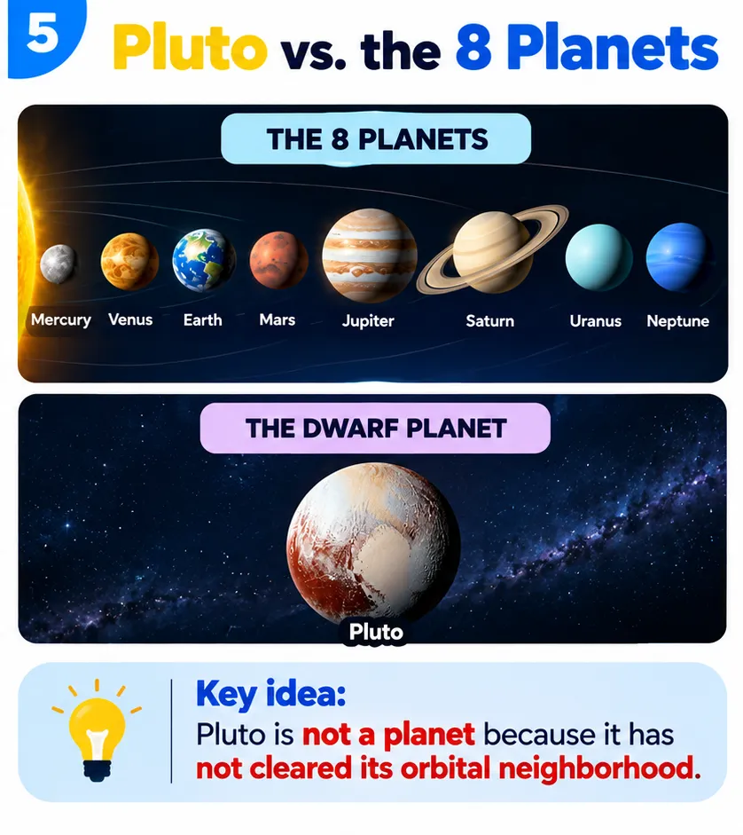 Pluto compared with the eight planets Mercury, Venus, Earth, Mars, Jupiter, Saturn, Uranus and Neptune