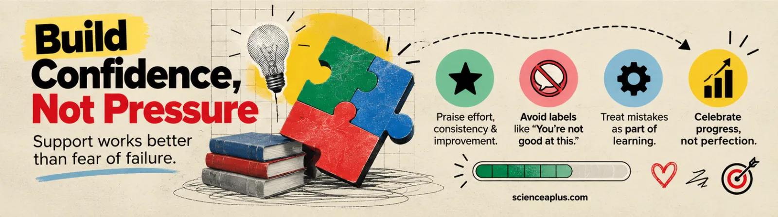 Infographic: Build confidence, not pressure. Praise effort, consistency and improvement; avoid labels like “You’re not good at this”; treat mistakes as part of learning; celebrate progress, not perfection