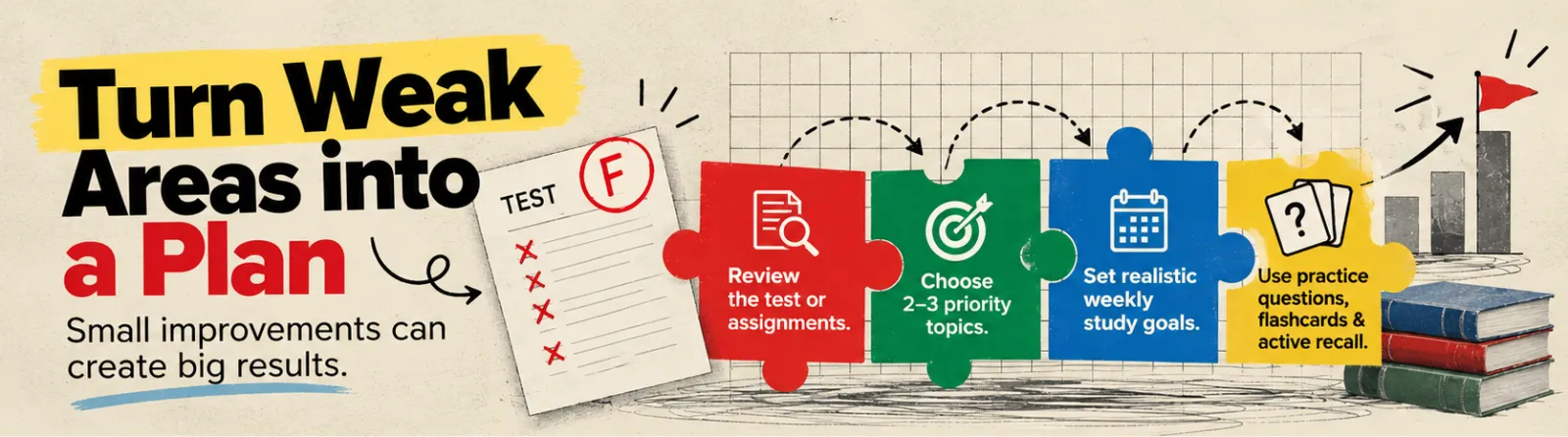 Infographic: Turn weak areas into a plan. Review the test or assignments, choose two or three priority topics, set realistic weekly study goals, and use practice questions, flashcards and active recall