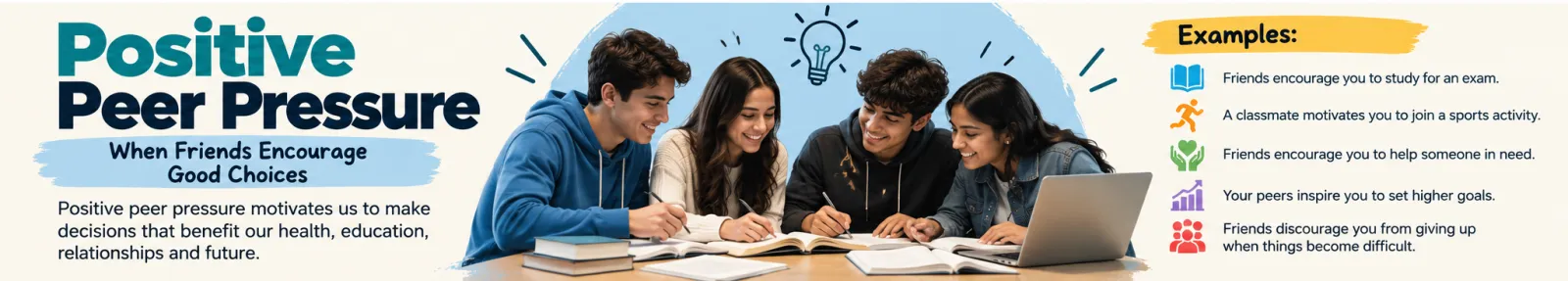 Graphic: Positive peer pressure, when friends encourage good choices. Examples: friends encourage you to study for an exam, a classmate motivates you to join a sports activity, friends encourage you to help someone in need, peers inspire you to set higher goals, friends discourage you from giving up