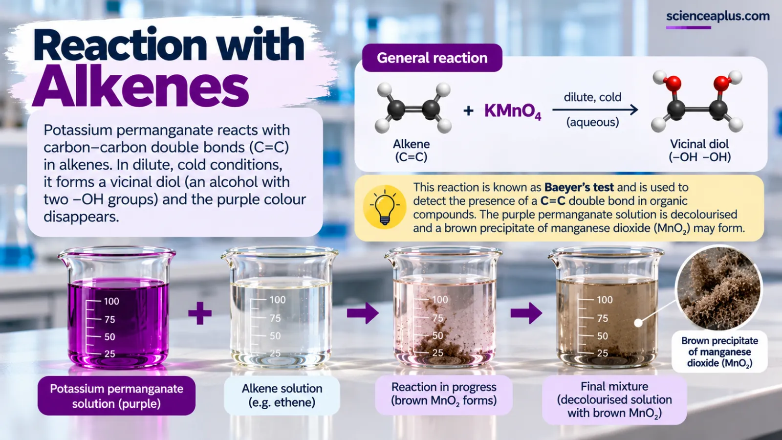 Reaction of potassium permanganate with alkenes: cold dilute KMnO4 turns a C=C alkene into a diol; the purple solution is decolourised and a brown precipitate of manganese dioxide may form (Baeyer’s test)