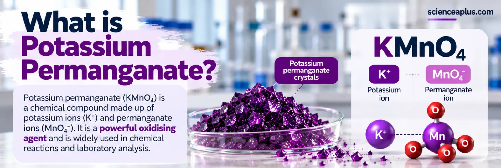 Potassium permanganate, KMnO4, is made of potassium ions (K+) and permanganate ions (MnO4−); the permanganate ion has a manganese atom surrounded by four oxygen atoms