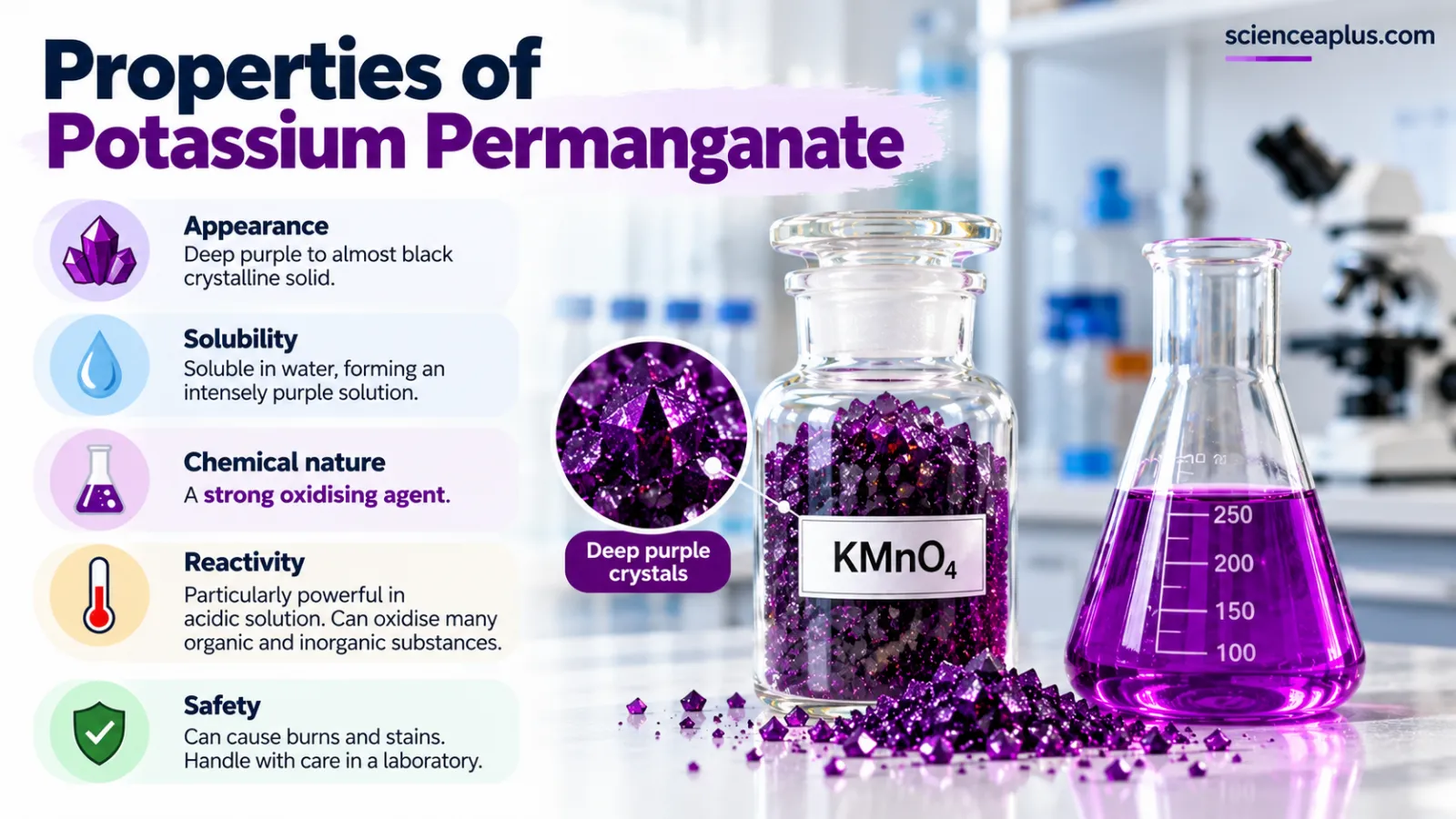 Properties of potassium permanganate: deep purple to almost black crystalline solid, soluble in water forming an intensely purple solution, a strong oxidising agent, particularly powerful in acidic solution, can cause burns and stains