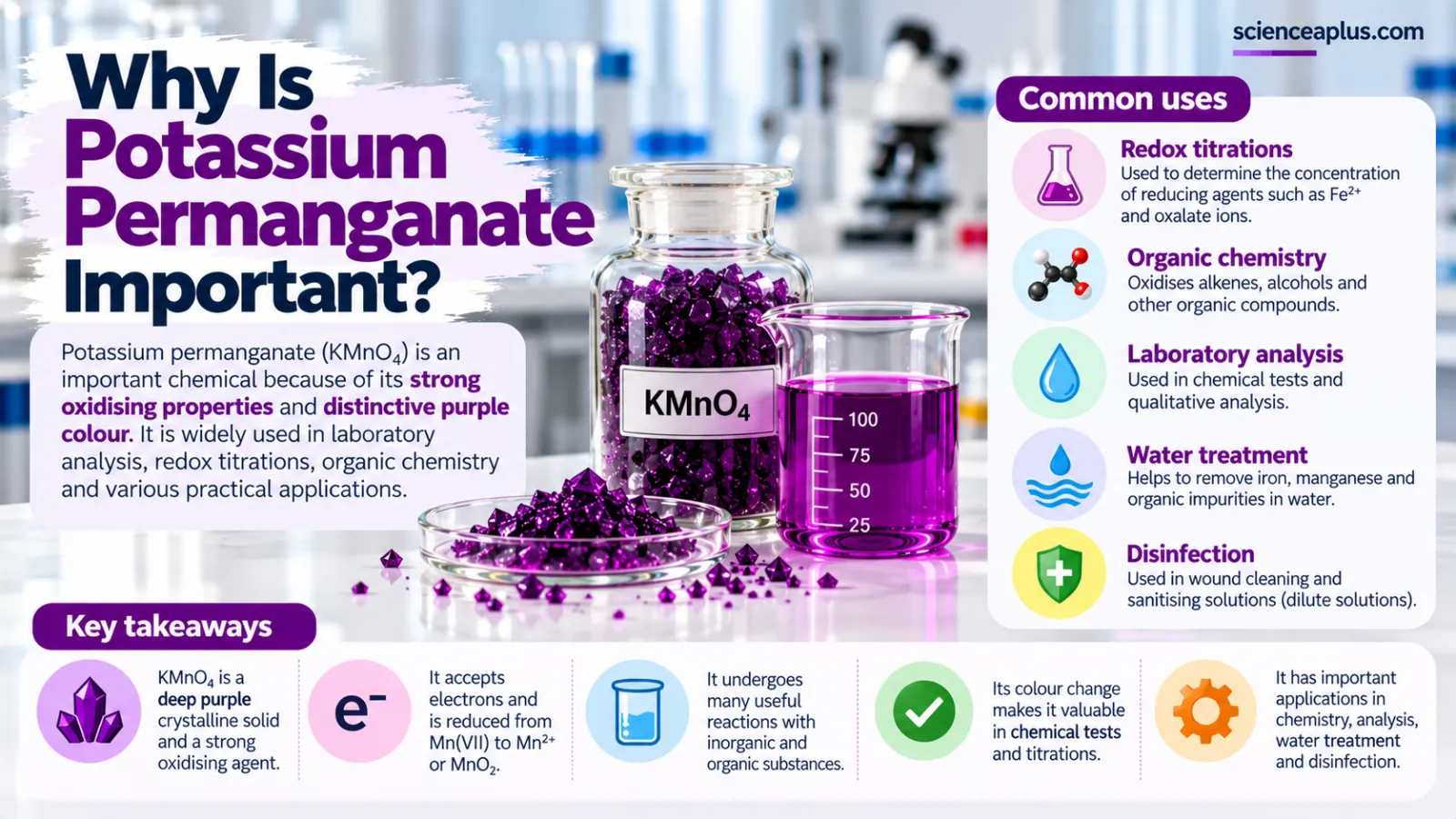 Why potassium permanganate is important: used in redox titrations, organic chemistry, laboratory analysis, water treatment and dilute antiseptic solutions; it accepts electrons and is reduced from Mn(VII) to Mn2+ or MnO2