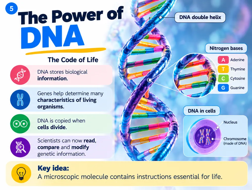 The power of DNA: the double helix stores biological information using the bases adenine, thymine, cytosine and guanine; DNA is packed into chromosomes in the nucleus