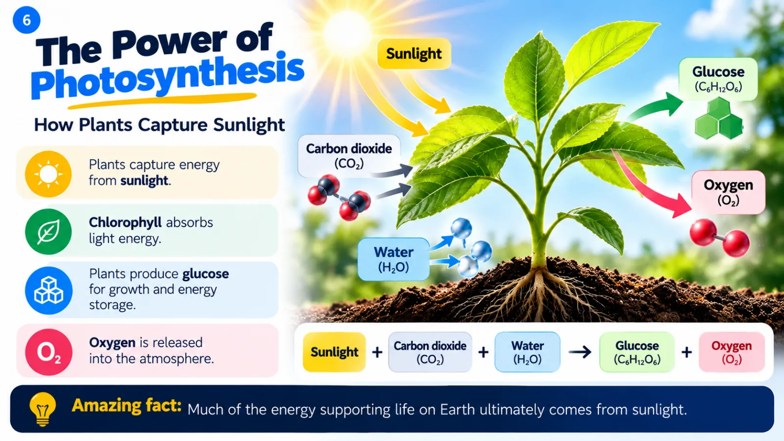 The power of photosynthesis: plants use light energy absorbed by chlorophyll to turn carbon dioxide and water into glucose and oxygen