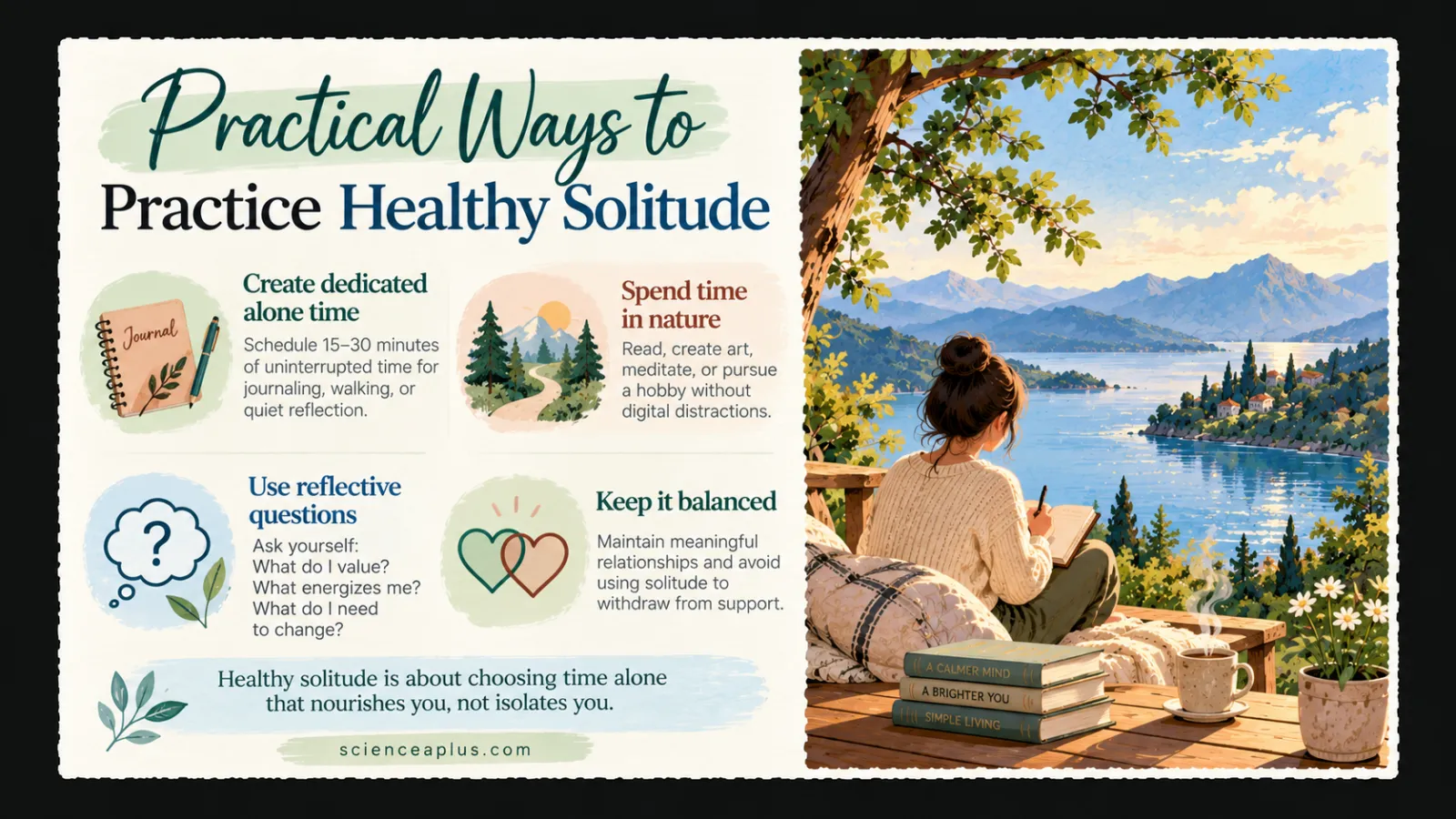Infographic of practical ways to practise healthy solitude: dedicated alone time, time in nature, reflective questions, keeping balance