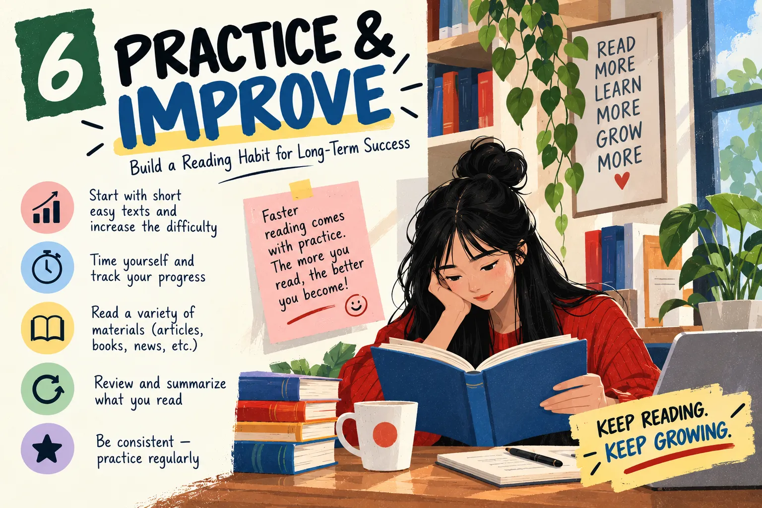 Practice and improve: start with short easy texts, time yourself, read a variety of materials, review and summarise, practise regularly