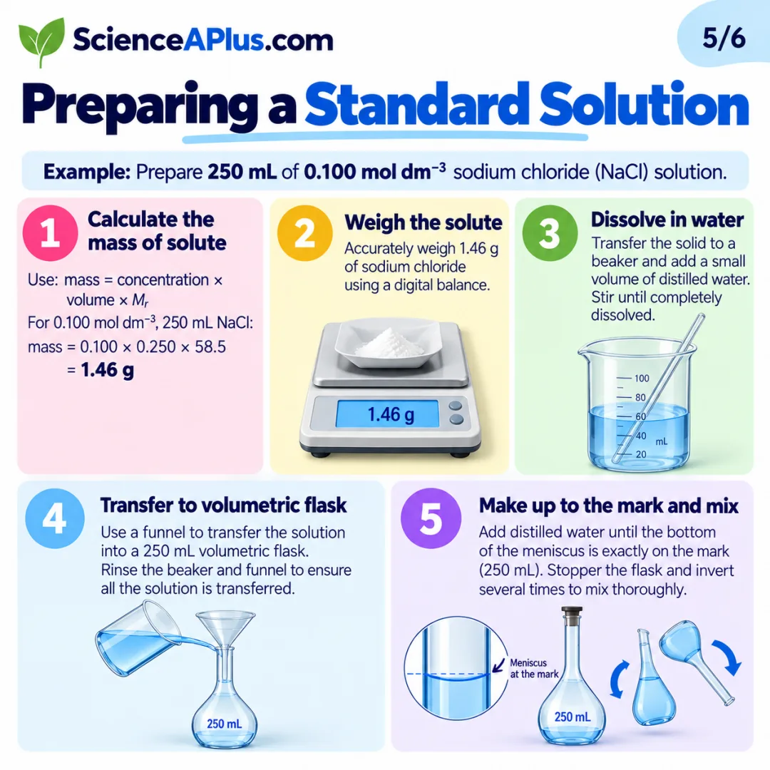 Preparing a standard solution summary: calculate the mass, weigh 1.46 g, dissolve, transfer to a volumetric flask, make up to the mark and mix