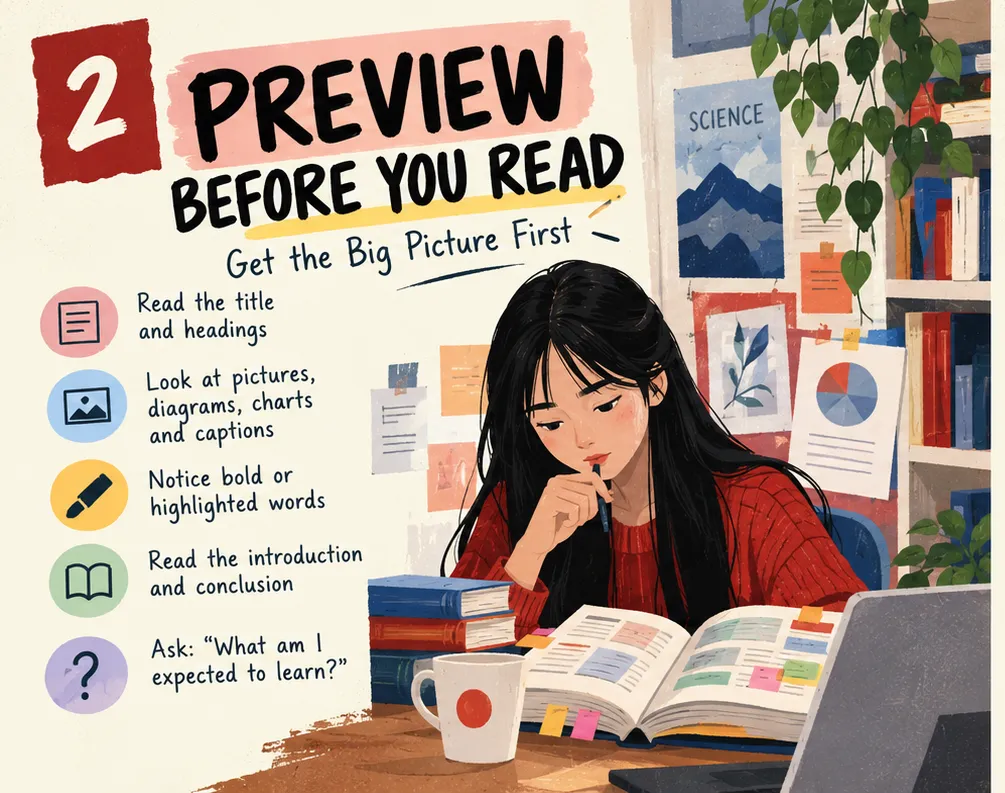 Preview before you read: read the title and headings, look at pictures and diagrams, notice bold words, read the introduction and conclusion, ask what you are expected to learn