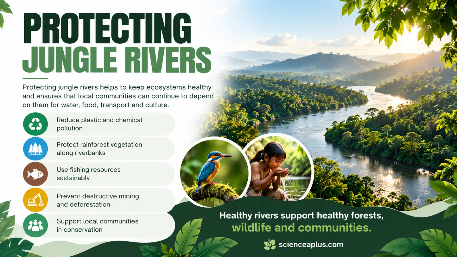 Infographic: protecting jungle rivers by reducing pollution, protecting riverbank vegetation, fishing sustainably, preventing destructive mining and deforestation, and supporting local communities