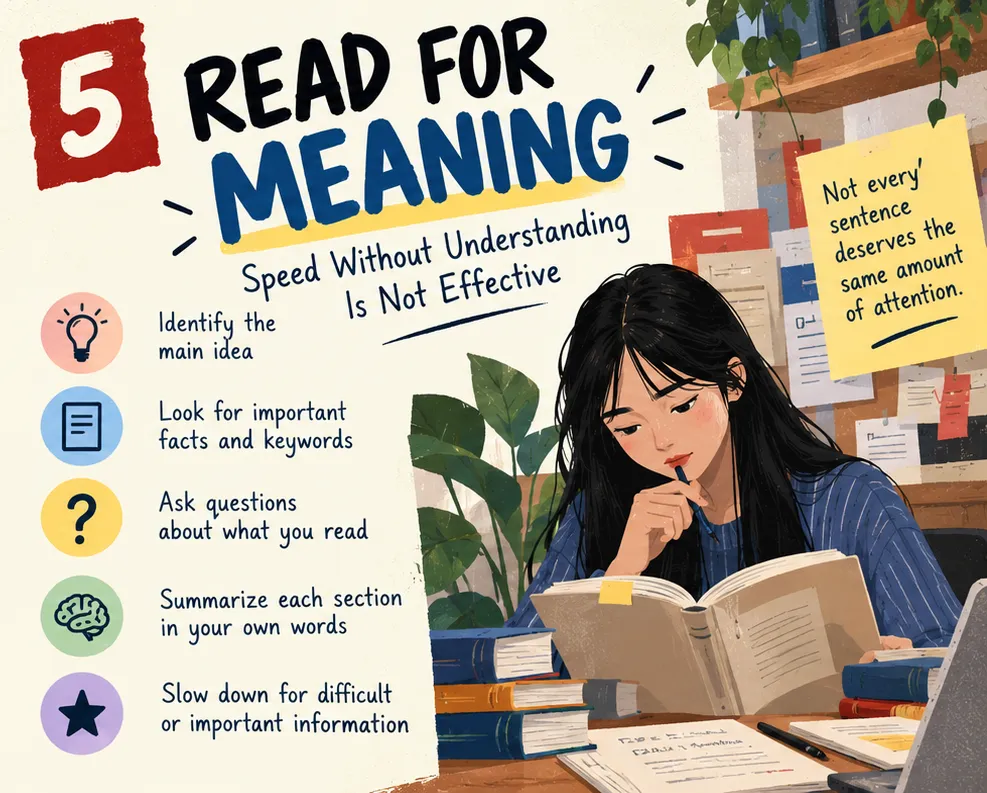 Read for meaning: identify the main idea, look for key facts, ask questions, summarise each section, slow down for difficult parts