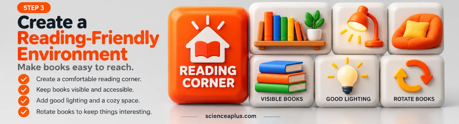 Tip 5 infographic: create a reading-friendly environment with a reading corner, visible books, good lighting and rotating books