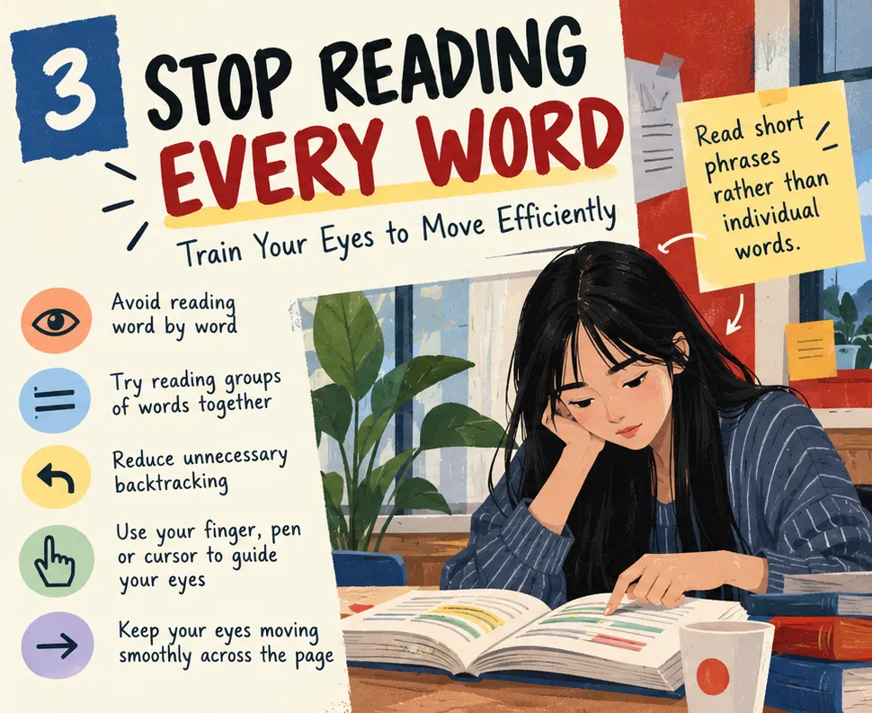 Stop reading every word: read groups of words, reduce unnecessary backtracking, use a finger or pen as a guide