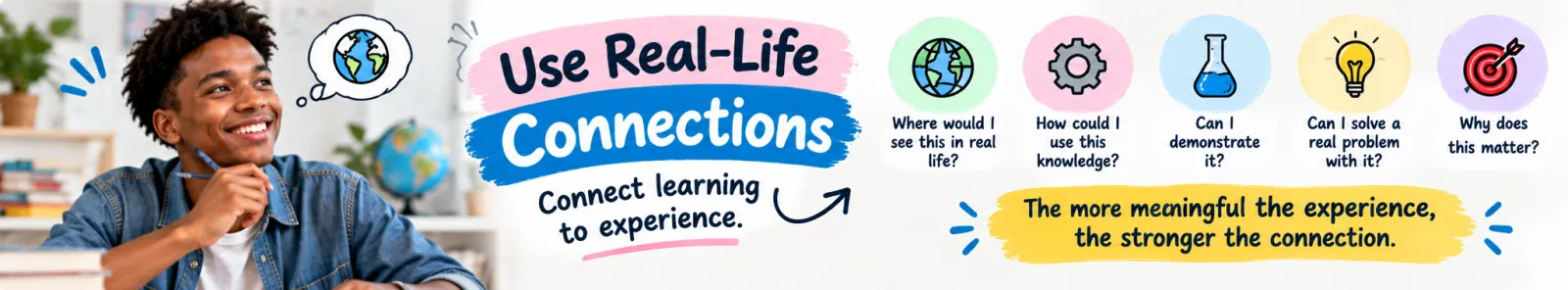 Illustration of a student thinking about the world with questions for real-life connections: where would I see this in real life, how could I use this knowledge, can I demonstrate it, can I solve a real problem with it and why does this matter