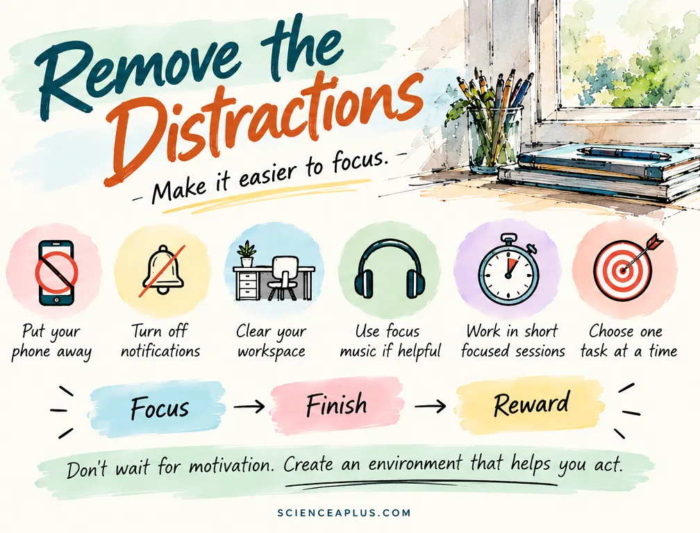 Remove the distractions: put your phone away, turn off notifications, clear your workspace, use focus music if helpful, work in short focused sessions and choose one task at a time
