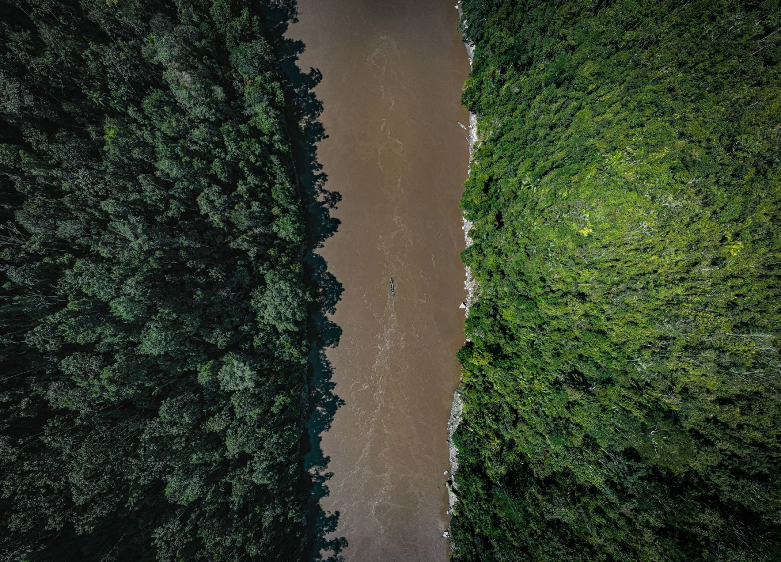 Aerial view of a brown river cutting through dense green rainforest in Peru