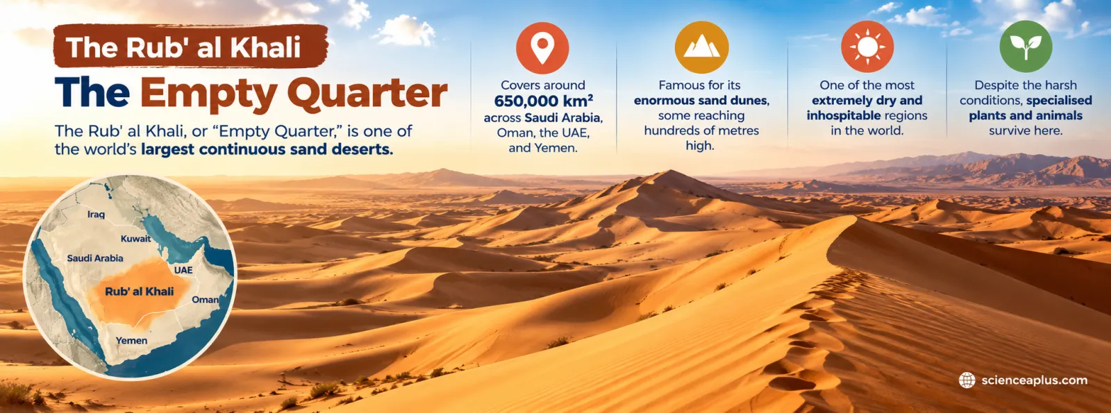The Rub’ al Khali or Empty Quarter: one of the world’s largest continuous sand deserts, about 650,000 km² across Saudi Arabia, Oman, the UAE and Yemen, with huge dunes; extremely dry, yet specialised plants and animals survive