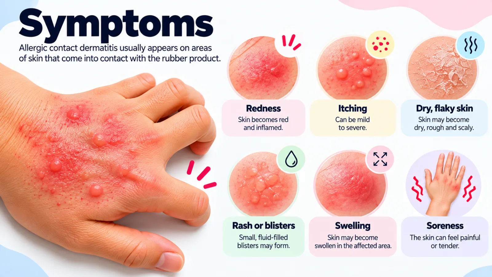 Symptoms of allergic contact dermatitis: redness, itching, dry flaky skin, rash or blisters, swelling and soreness where rubber touched the skin