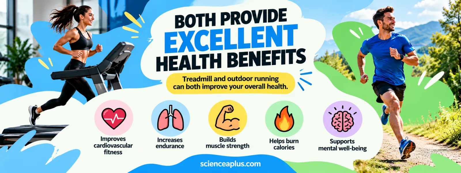 Both treadmill and outdoor running improve cardiovascular fitness, endurance, muscle strength, help burn calories and support mental wellbeing