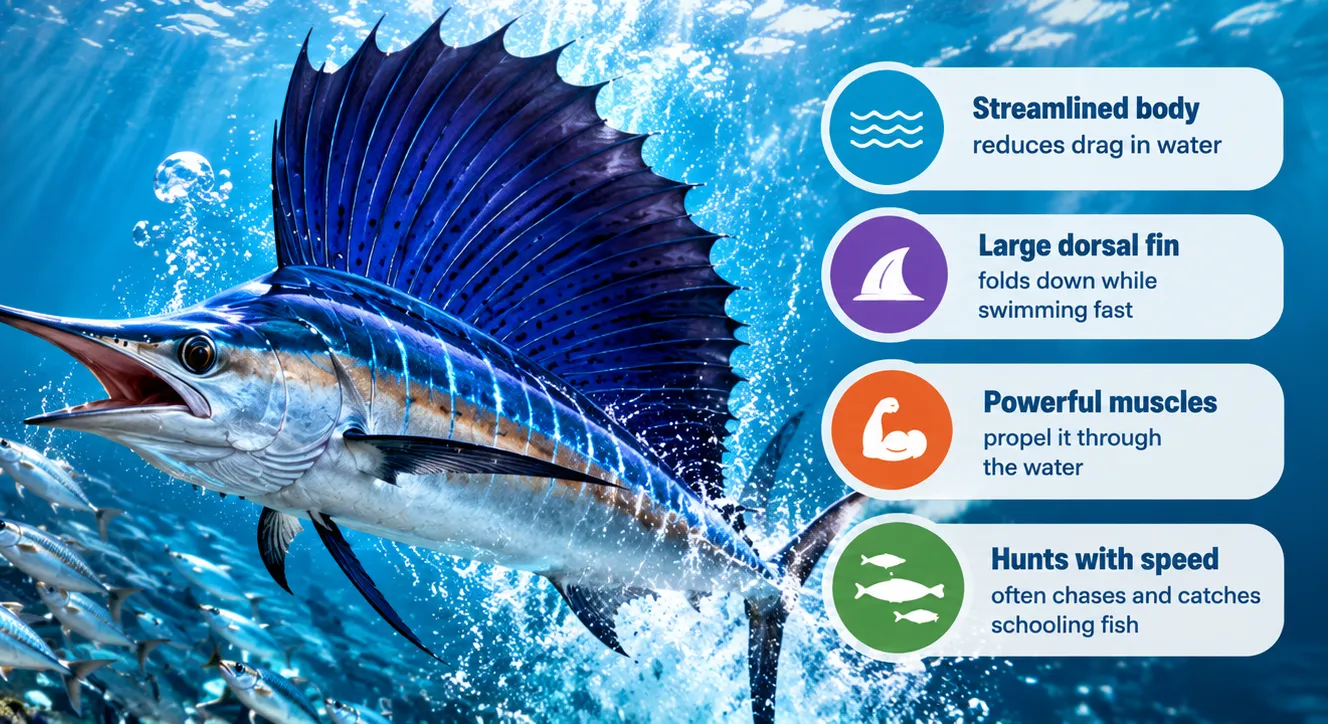 Sailfish illustration with labels: streamlined body reduces drag in water, large dorsal fin folds down while swimming fast, powerful muscles propel it through the water, hunts with speed by chasing schooling fish
