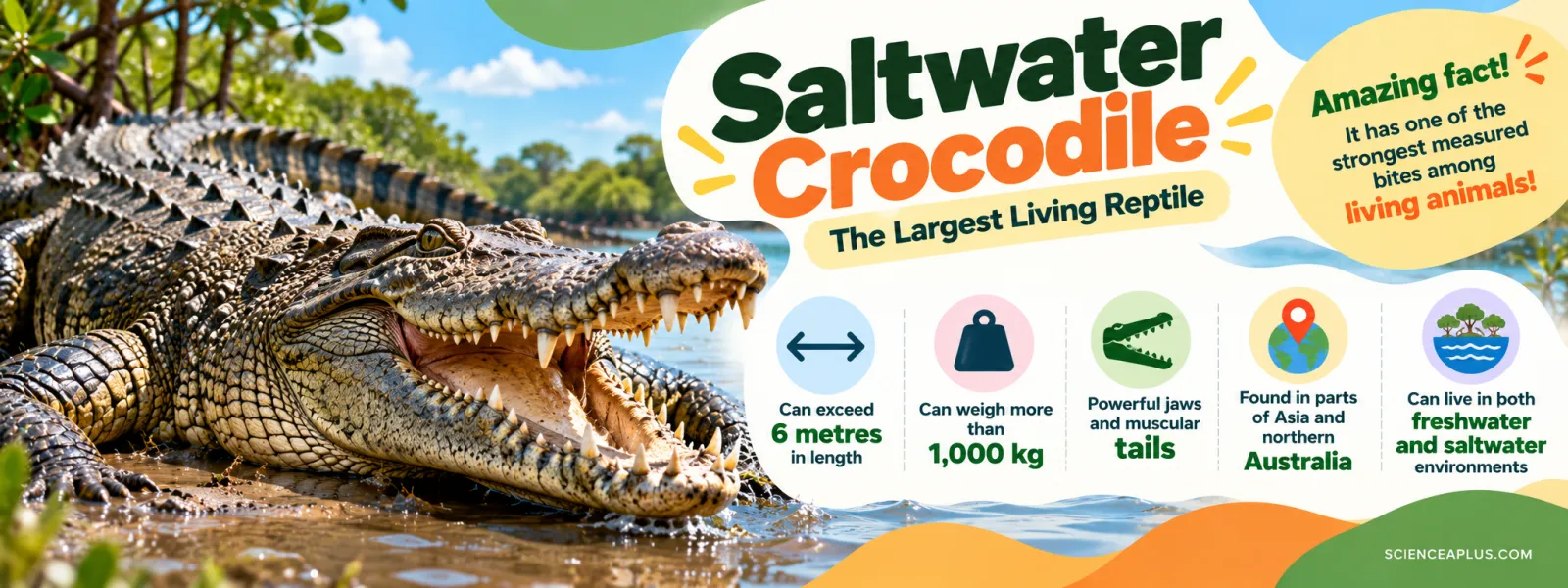 Saltwater crocodile, the largest living reptile: can exceed 6 m and 1,000 kg, has powerful jaws, lives in parts of Asia and northern Australia in fresh and salt water