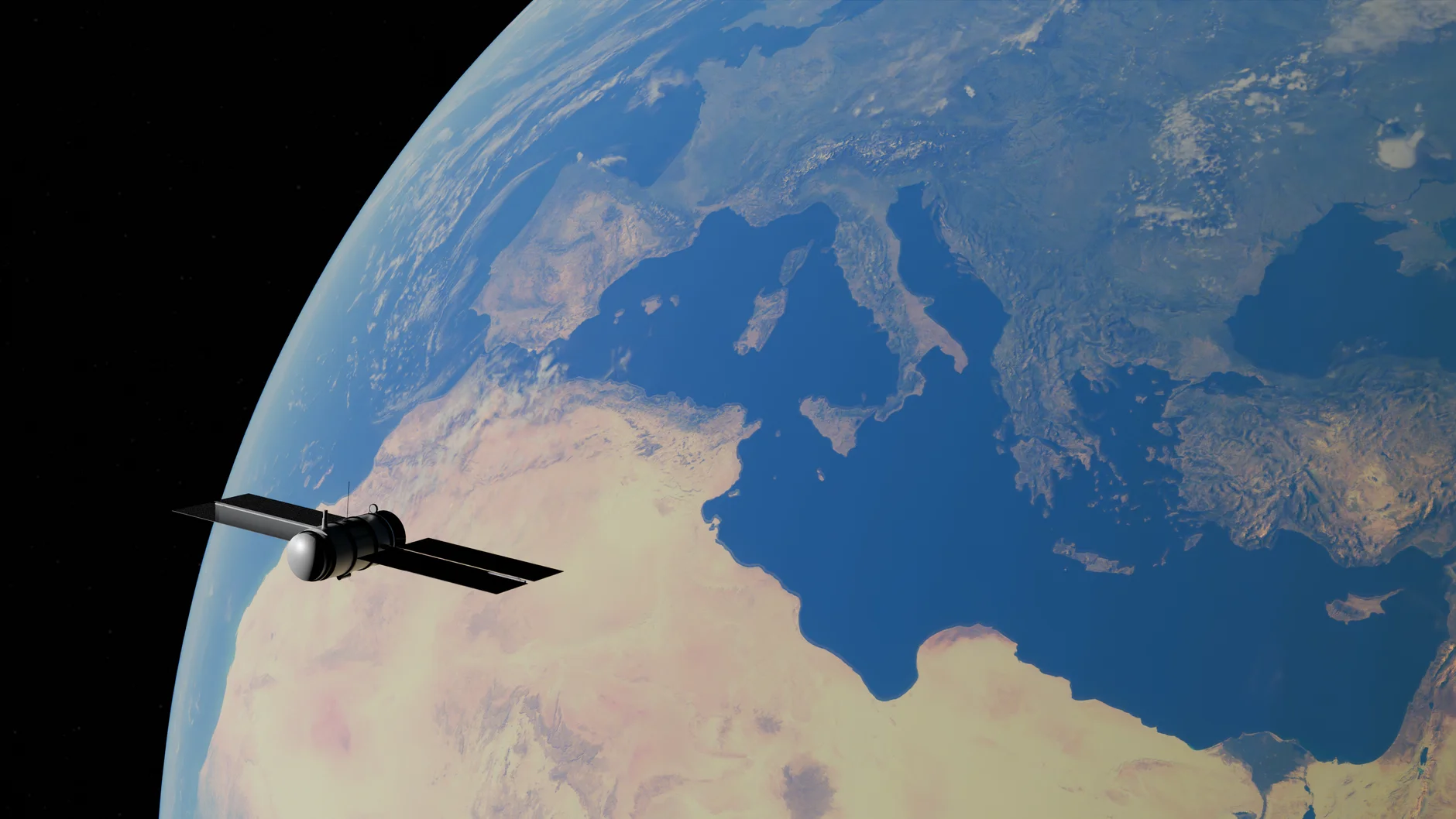 A satellite orbiting Earth above the Mediterranean Sea and North Africa