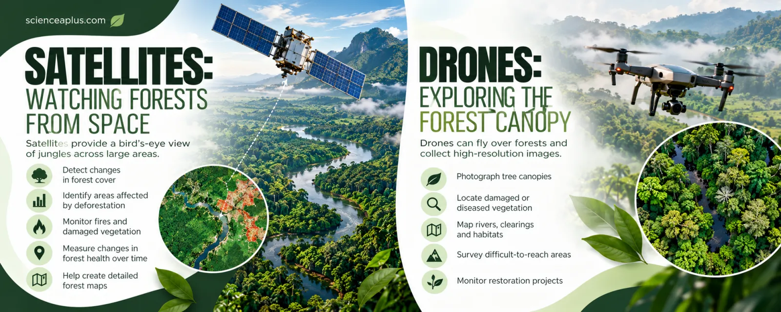 Infographic: satellites watch forests from space to detect forest cover change, deforestation and fires, while drones photograph the canopy and map rivers and clearings