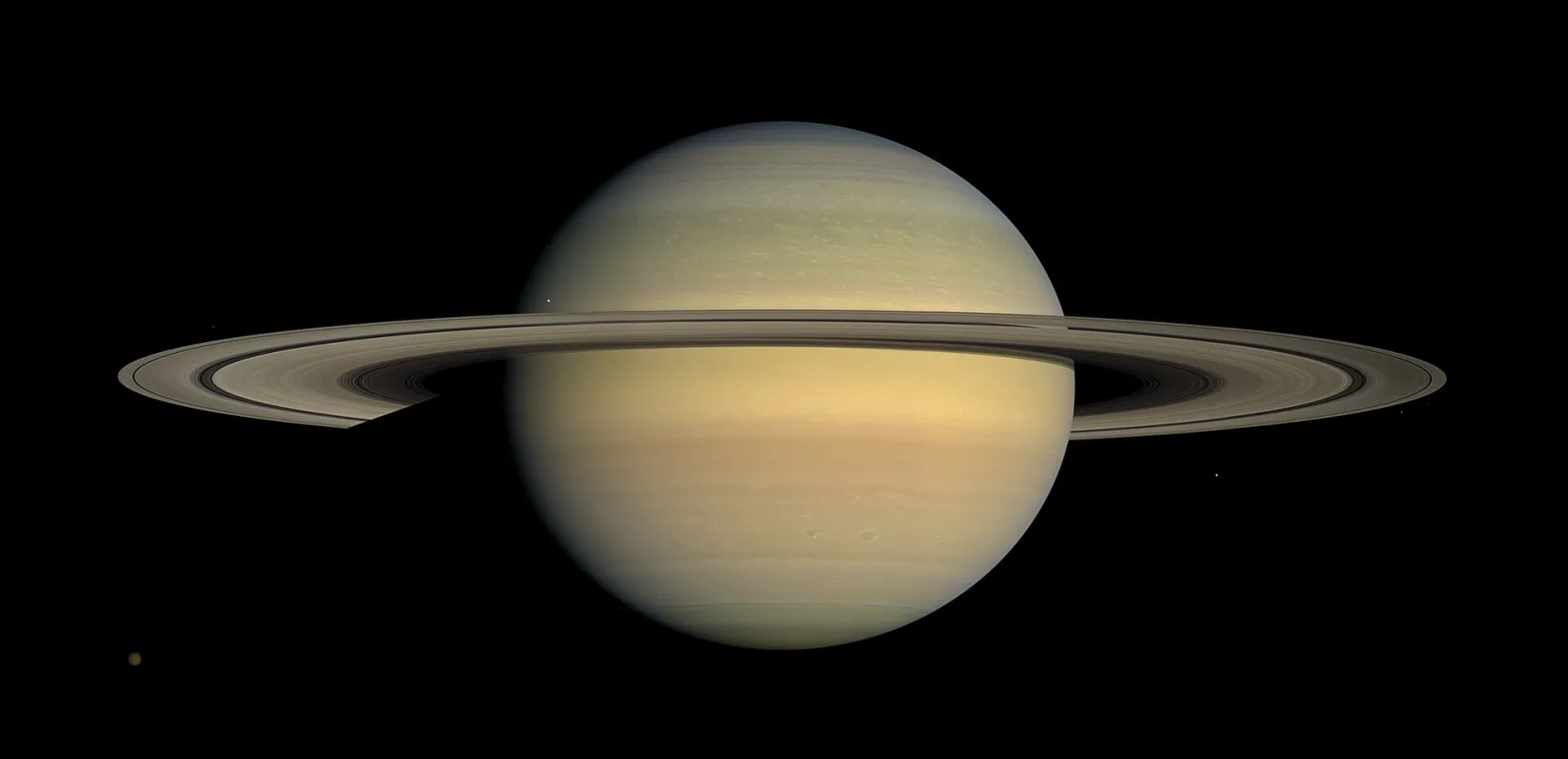 Saturn and its rings seen side-on, photographed by the Cassini spacecraft